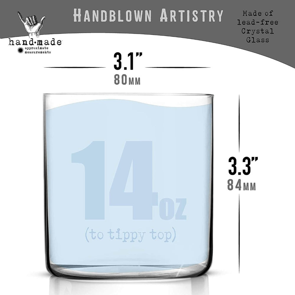 Specs of amehla co. ultra thin old fashioned glass. 14 ounces, 3.1 inch wide, and 3.3 inch tall.