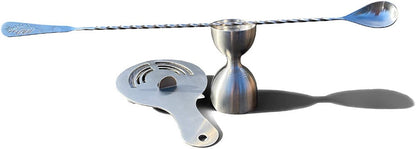 Amehla's Three piece cocktail essentials kit for bartenders and mixologists. Kit includes stainless steel rounded double jigger, hawthorne strainer, and bar spoon.