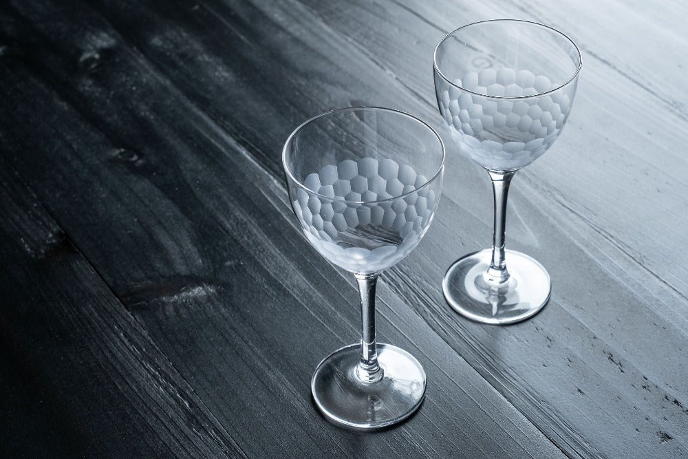 Amehla's Honeycomb Nick and Nora glasses. Photo taken by Jordan Hughes of High Proof Preacher